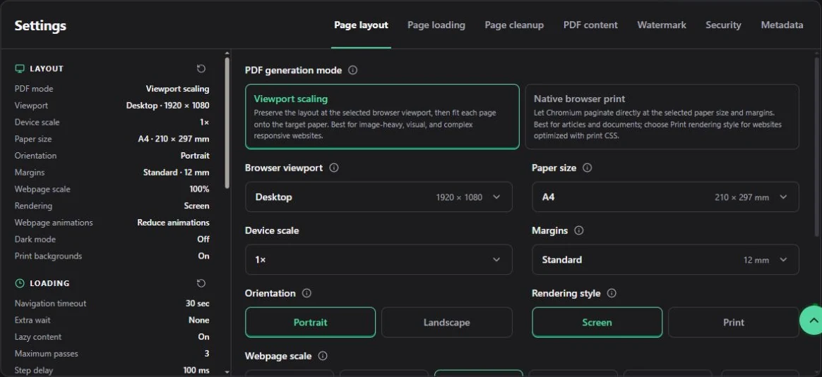 The actual Custom Convert layout panel, shown in English. Viewport controls webpage layout; paper and margins control PDF pagination.