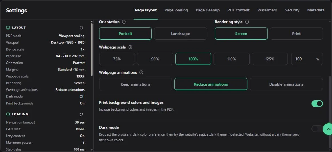 Screen and Print rendering, webpage scale, animation, background, and dark-mode settings.