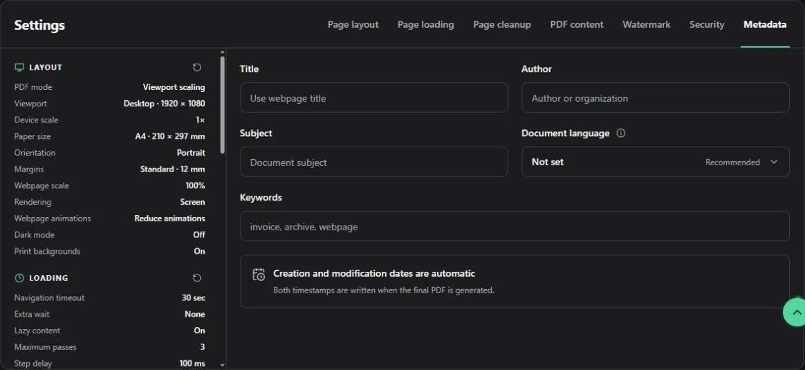 PDF metadata fields for title, author, subject, keywords, and document language.