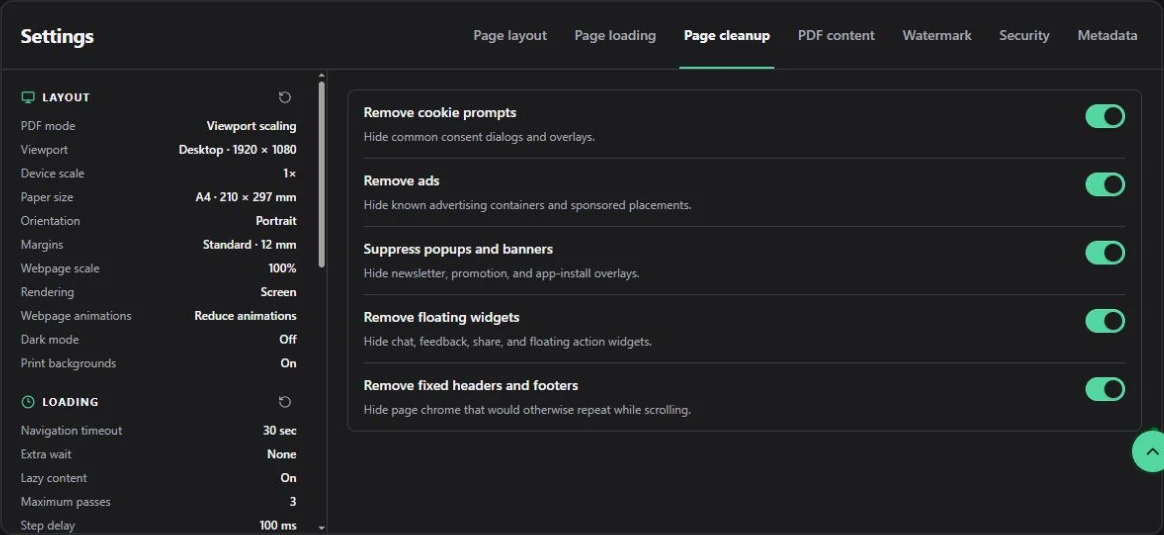 The actual cleanup panel, shown in English. Disable the category responsible for missing content before turning off every cleanup option.