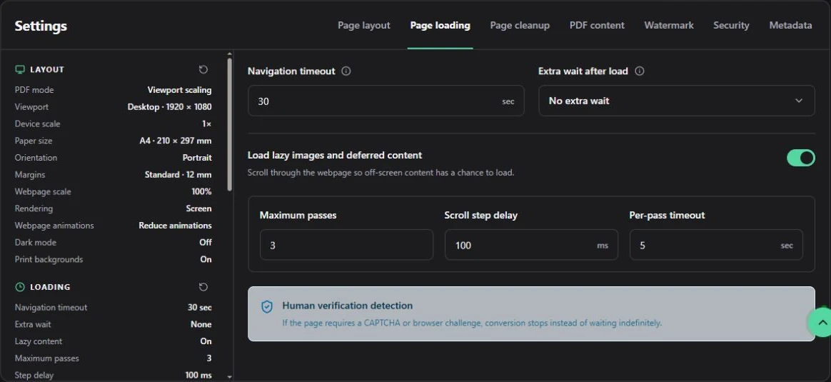 The actual loading controls, shown in English. Extra wait helps with delayed charts; deferred-content loading helps with images that appear after scrolling.