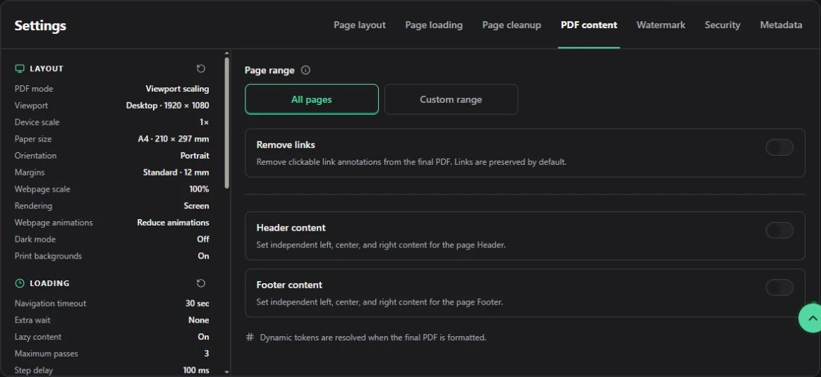 PDF content settings for page ranges, links, headers, and footers.