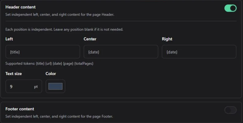 Header settings expanded to show left, center, and right content, dynamic tokens, font size, and color.