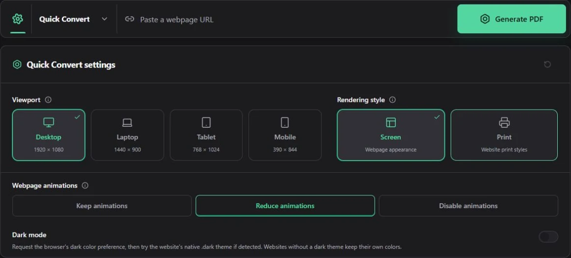 Quick Convert URL entry and viewport, Screen, and Print settings