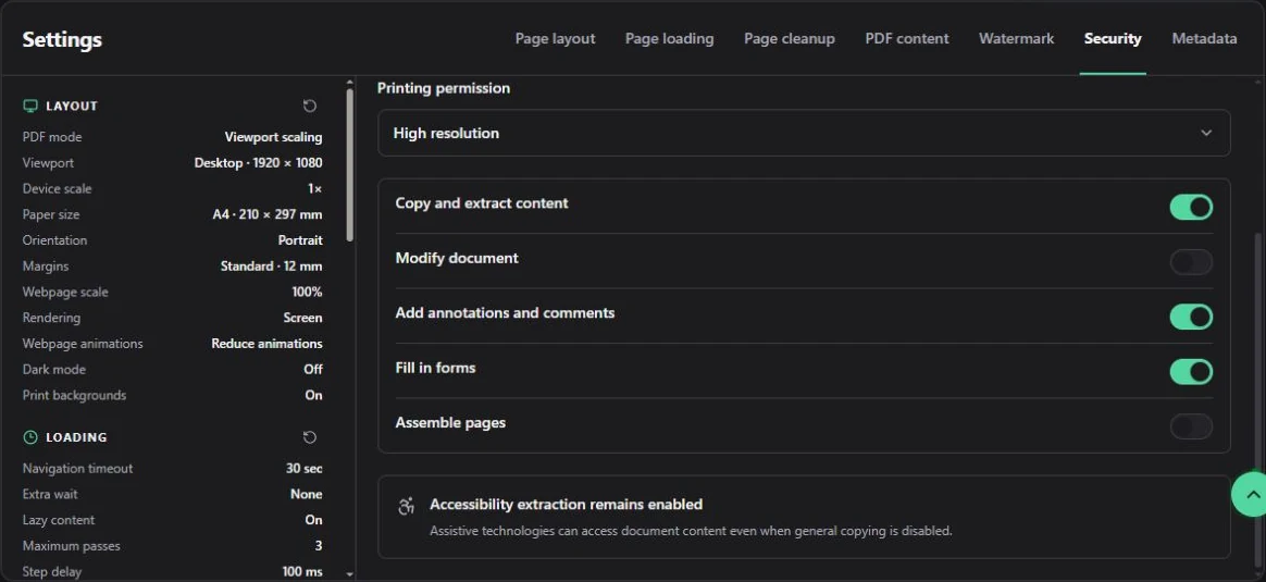 Permissions for copying, editing, annotations, forms, and page assembly.