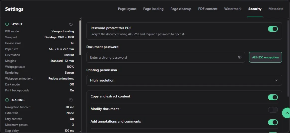 PDF password protection and printing permissions. The password field is empty in this example.