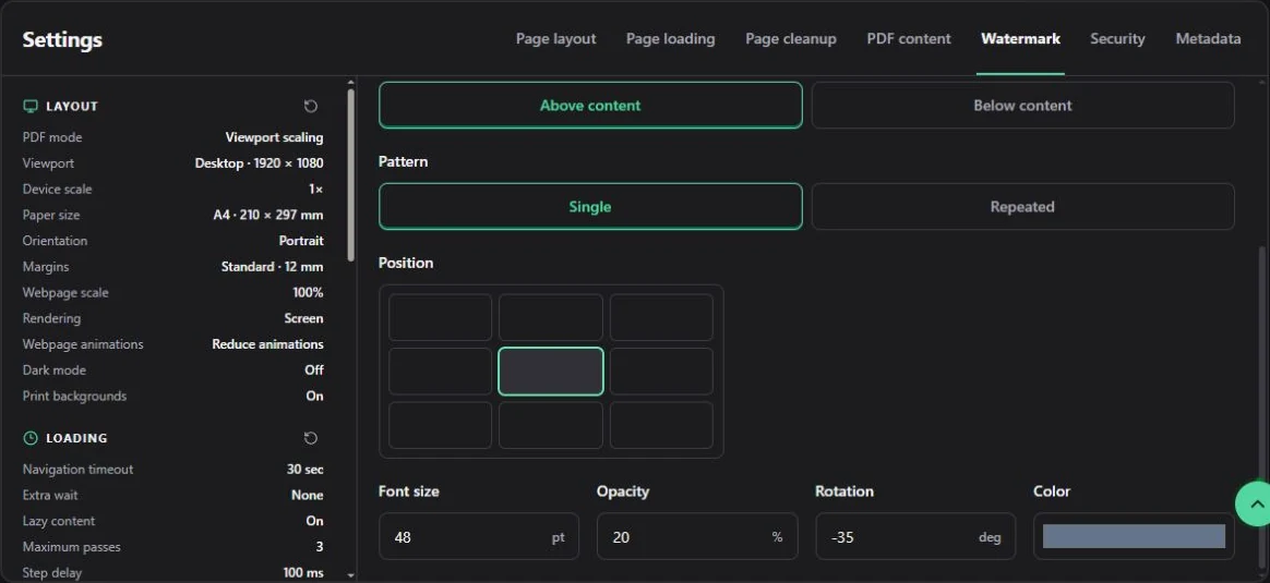 The lower watermark controls set position, font size, opacity, rotation, and color.