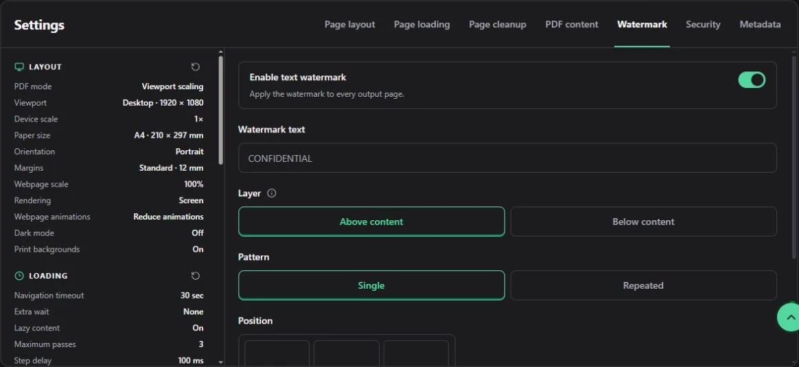 Text watermark settings after enabling the option: text, layer, and single or repeated pattern.
